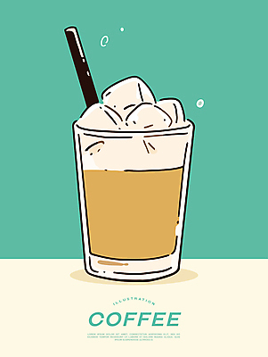 포스터 일러스트 잔 빨대 사람없음 얼음 카페 냉음료 라떼 민트색 국내일러스트 AI파일 자연요소 식기 커피 음료 컬러 상점 파일형식 벡터