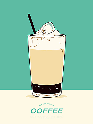 포스터 일러스트 잔 빨대 사람없음 얼음 카페 냉음료 라떼 민트색 국내일러스트 AI파일 자연요소 식기 커피 음료 컬러 상점 파일형식 벡터