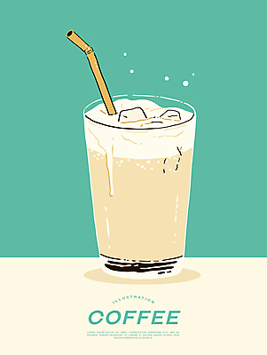 포스터 일러스트 잔 빨대 사람없음 얼음 카페 냉음료 라떼 민트색 국내일러스트 AI파일 자연요소 식기 커피 음료 컬러 상점 파일형식 벡터