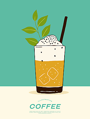 포스터 잎 일러스트 잔 빨대 사람없음 얼음 카페 냉음료 라떼 민트색 휘핑크림 국내일러스트 AI파일 자연요소 식물 식기 커피 음료 컬러 상점 크림 휘핑 파일형식 벡터