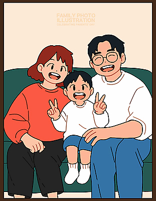 전신 여자 남자 행복 어린이 액자 일러스트 가족 함께함 미소 앉기 소년 성인 세명 화목 어버이날 브이 가정의달 안경낌 국내일러스트 AI파일 기념일 감정 안경 컨셉 관계 모션 표정 사람 손짓 5월 파일형식 벡터
