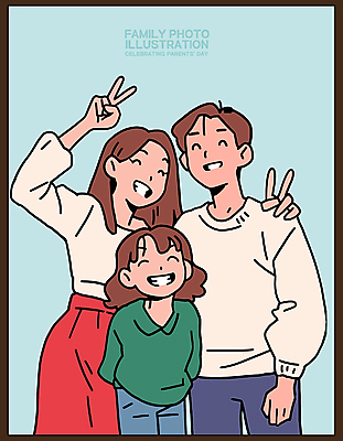 여자 남자 행복 어린이 하늘색 액자 일러스트 가족 함께함 미소 소녀 성인 세명 화목 어버이날 브이 가정의달 어깨에손 국내일러스트 AI파일 기념일 감정 컨셉 관계 모션 표정 사람 손짓 파란색 5월 파일형식 벡터