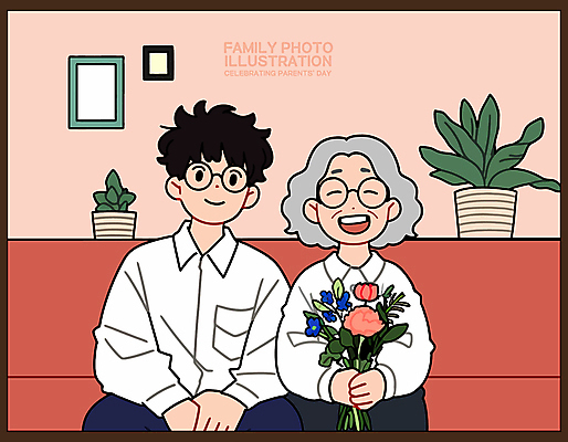 여자 노년 남자 행복 화분 분홍색 꽃다발 액자 일러스트 가족 함께함 미소 앉기 성인 두명 소파 화목 풀잎 어버이날 가정의달 안경낌 국내일러스트 AI파일 모자관계 기념일 꽃 감정 안경 아들 컬러 컨셉 잎 의자 관계 모션 엄마 표정 사람 풀_식물 5월 파일형식 벡터