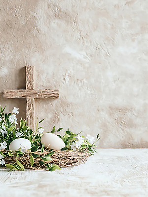 JPG 편집이미지 꽃 기독교 잎 사람없음 둥지 부활절계란 나무십자가 베이지색 편집실사 AI포토 AI콘텐츠 식물 종교 컬러 십자가 부활절 계란 CG 파일형식