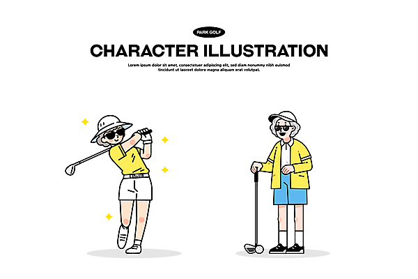 전신 모자 여자 노년 스포츠 일러스트 골프공 미소 들기 성인 취미 두명 반짝임 선글라스 골프채 잡기 골퍼 스윙 골프웨어 여자만 파크골프 골프캐릭터 일러캐릭터 AI파일 캐릭터 잡화 옷 안경 포즈 골프 공 모션 운동선수 골프용품 표정 사람 파일형식 벡터