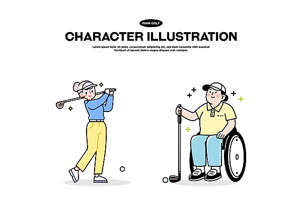 전신 모자 여자 스포츠 일러스트 골프공 미소 들기 앉기 성인 취미 두명 반짝임 골프채 잡기 골퍼 스윙 장애인 골프웨어 휠체어 성인여자만 파크골프 골프캐릭터 일러캐릭터 AI파일 캐릭터 잡화 옷 포즈 골프 공 모션 운동선수 골프용품 표정 사람 장애 여자만 성인만 파일형식 벡터