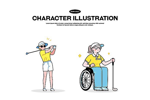 전신 모자 여자 스포츠 일러스트 미소 들기 앉기 성인 취미 두명 반짝임 골프채 잡기 골퍼 스윙 장애인 골프웨어 휠체어 성인여자만 파크골프 골프캐릭터 일러캐릭터 AI파일 캐릭터 잡화 옷 포즈 골프 모션 운동선수 골프용품 표정 사람 장애 여자만 성인만 파일형식 벡터