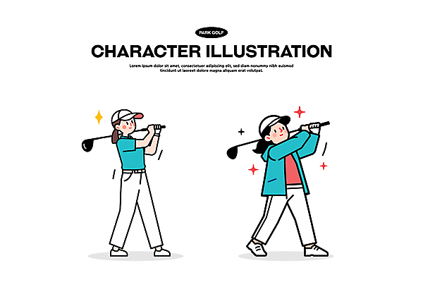 전신 모자 여자 스포츠 일러스트 미소 들기 성인 취미 두명 반짝임 골프채 골퍼 스윙 골프웨어 성인여자만 파크골프 골프캐릭터 일러캐릭터 AI파일 캐릭터 잡화 옷 포즈 골프 모션 운동선수 골프용품 표정 사람 여자만 성인만 파일형식 벡터