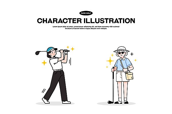 전신 모자 여자 노년 스포츠 일러스트 미소 들기 성인 취미 두명 반짝임 선글라스 골프채 잡기 골퍼 스윙 골프웨어 크로스백 여자만 파크골프 골프캐릭터 일러캐릭터 AI파일 캐릭터 잡화 옷 안경 포즈 골프 가방 모션 운동선수 골프용품 표정 사람 파일형식 벡터