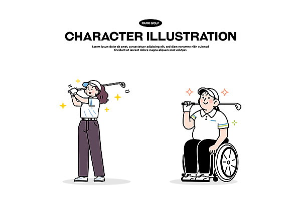 전신 모자 여자 스포츠 일러스트 미소 들기 앉기 성인 취미 두명 반짝임 골프채 잡기 골퍼 스윙 장애인 골프웨어 휠체어 성인여자만 파크골프 골프캐릭터 일러캐릭터 AI파일 캐릭터 잡화 옷 포즈 골프 모션 운동선수 골프용품 표정 사람 장애 여자만 성인만 파일형식 벡터