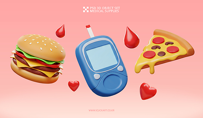 PSD 편집이미지 분홍색 피자 사람없음 3D 건강관리 흐름 햄버거 하트 혈액 측정기 혈당 혈당계 혈액검사 편집3D 모양 컬러 컨셉 의학 패스트푸드 서양음식 건강 관리 기계 의료용품 디지털합성 검사_조사 파일형식