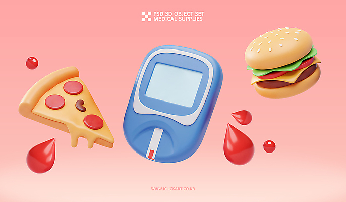 PSD 편집이미지 분홍색 피자 사람없음 3D 건강관리 흐름 햄버거 혈액 측정기 혈당 혈당계 혈액검사 편집3D 컬러 컨셉 의학 패스트푸드 서양음식 건강 관리 기계 의료용품 디지털합성 검사_조사 파일형식