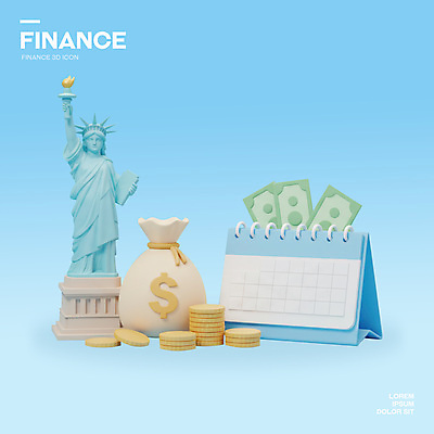 PSD 아이콘 하늘색 지폐 사람없음 3D아이콘 3D 달러 달력 돈자루 오브젝트 은행 자유의여신상 동전탑 돈 금융 파란색 쌓기 동전 미국 세계문화유산 디지털합성 파일형식