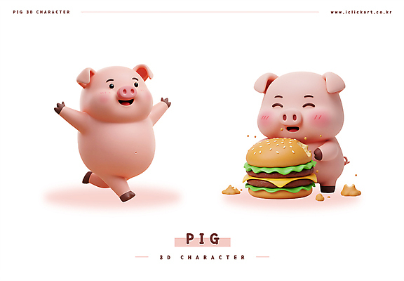 PSD 편집이미지 분홍색 팔벌리기 3D캐릭터 미소 사람없음 달리기 3D 햄버거 먹기 돼지캐릭터 부스러기 편집3D 캐릭터 컬러 동물캐릭터 모션 패스트푸드 표정 돼지 디지털합성 파일형식