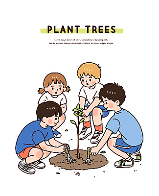 전신 여자 남자 어린이 일러스트 미소 소녀 소년 여러명 자연보호 흙 식목일 나무심기 웅크림 괭이 묘목 어린이만 국내일러스트 AI파일 나무 기념일 다수 모션 자연 표정 사람 보호 심기 파일형식 벡터