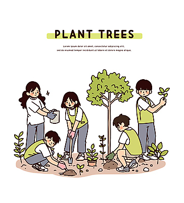 전신 여자 남자 화분 어린이 일러스트 허리숙이기 미소 들기 소녀 소년 여러명 자연보호 흙 돌_바위 잡기 삽 식목일 나무심기 웅크림 묘목 어린이만 국내일러스트 AI파일 나무 기념일 다수 모션 자연 표정 숙이기 사람 보호 심기 파일형식 벡터