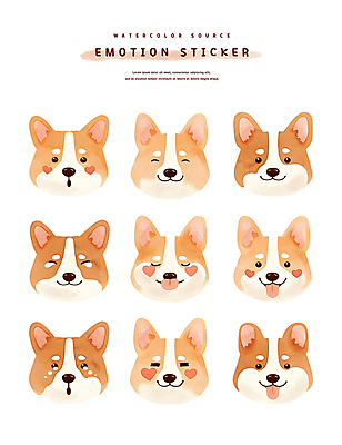 PSD 행복 얼굴 스티커 일러스트 미소 웃음 사람없음 세트 갈색 귀여움 눈감음 슬픔 하트 강아지 울음 볼터치 눈물 메롱 웰시코기 국내일러스트 모양 감정 컬러 컨셉 모션 표정 신체부위 반려동물 화장 개 파일형식