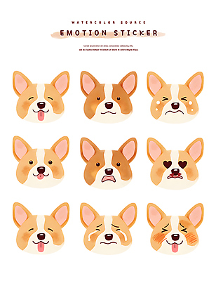 PSD 얼굴 스티커 일러스트 미소 사람없음 세트 갈색 귀여움 놀람 슬픔 강아지 울음 수줍음 눈물 흥분 메롱 쌍코피 웰시코기 국내일러스트 감정 컬러 컨셉 모션 표정 신체부위 반려동물 개 파일형식