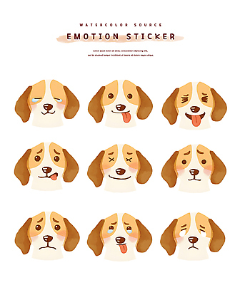 PSD 행복 얼굴 스티커 일러스트 사람없음 세트 갈색 귀여움 기쁨 슬픔 강아지 울음 눈물 즐거움 걱정 비글 메롱 우울감 못마땅 국내일러스트 감정 컬러 컨셉 모션 표정 신체부위 반려동물 개 파일형식
