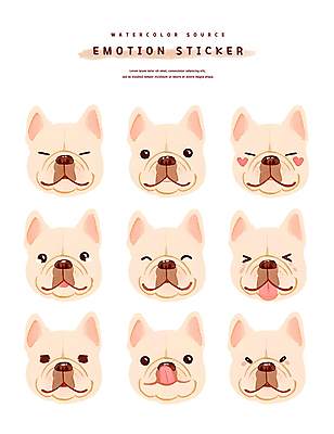 PSD 행복 얼굴 스티커 일러스트 미소 웃음 사람없음 세트 갈색 귀여움 분노 하트 강아지 핥기 울음 수줍음 눈물 불독 국내일러스트 모양 감정 컬러 컨셉 모션 표정 신체부위 반려동물 개 파일형식