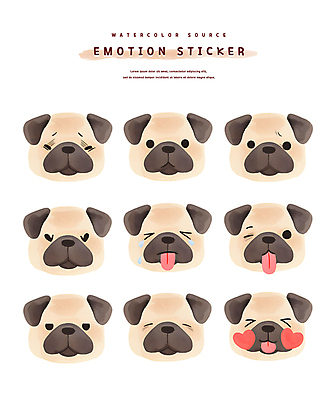 PSD 얼굴 스티커 일러스트 무표정 윙크 미소 웃음 사람없음 세트 갈색 귀여움 고통 하트 찡그림 강아지 무서움 눈물 메롱 퍼그 못마땅 국내일러스트 모양 감정 컬러 컨셉 모션 표정 신체부위 반려동물 개 파일형식