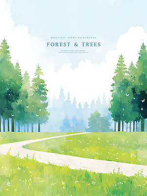 PSD 나무 구름 일러스트 자연 하늘 수채화 풍경 잔디 초원 사람없음 숲속 숲길 국내일러스트 자연요소 식물 길 숲 생태계 파일형식