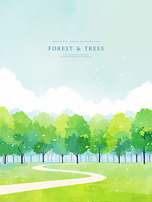 PSD 나무 구름 일러스트 자연 하늘 수채화 풍경 잔디 초원 사람없음 숲속 숲길 국내일러스트 자연요소 식물 길 숲 생태계 파일형식