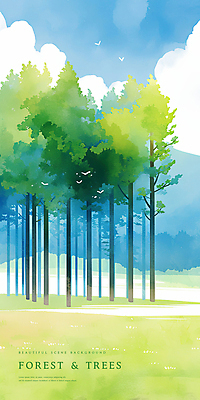 PSD 나무 구름 일러스트 자연 하늘 수채화 풍경 잔디 초원 사람없음 숲속 새떼 국내일러스트 자연요소 식물 조류 숲 생태계 파일형식