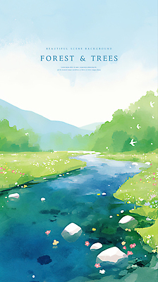 PSD 구름 일러스트 자연 하늘 수채화 산 풍경 초원 사람없음 들꽃 숲속 강가 새떼 국내일러스트 자연요소 꽃 조류 강 숲 생태계 파일형식