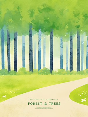 PSD 나무 일러스트 자연 수채화 풍경 잔디 사람없음 숲속 숲길 국내일러스트 식물 길 숲 생태계 파일형식