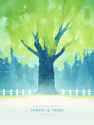 PSD 일러스트 자연 수채화 한그루 풍경 사람없음 빛 울타리 숲속 국내일러스트 나무 1 담장 숲 생태계 파일형식