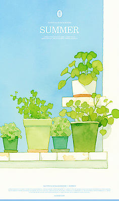 PSD 화분 일러스트 수채화 사람없음 담장 여름풍경 풀 국내일러스트 식물 풍경 파일형식 여름_계절