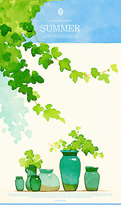 PSD 화분 일러스트 수채화 그림자 사람없음 담장 여름풍경 풀 국내일러스트 식물 풍경 파일형식 여름_계절