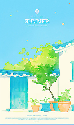 PSD 나무 화분 일러스트 하늘 수채화 사람없음 문 여름풍경 풀 기와지붕 국내일러스트 식물 지붕 기와 풍경 파일형식 여름_계절