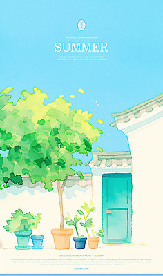 PSD 나무 화분 일러스트 하늘 수채화 사람없음 문 여름풍경 풀 기와지붕 국내일러스트 식물 지붕 기와 풍경 파일형식 여름_계절