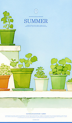 PSD 화분 일러스트 수채화 사람없음 담장 여름풍경 풀 국내일러스트 식물 풍경 파일형식 여름_계절