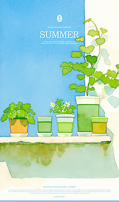 PSD 화분 일러스트 수채화 이끼 사람없음 담장 여름풍경 풀 국내일러스트 식물 풍경 파일형식 여름_계절