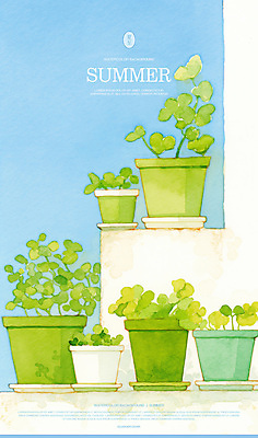 PSD 화분 일러스트 수채화 사람없음 담장 여름풍경 풀 국내일러스트 식물 풍경 파일형식 여름_계절