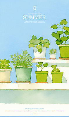 PSD 화분 일러스트 수채화 사람없음 담장 여름풍경 풀 국내일러스트 식물 풍경 파일형식 여름_계절