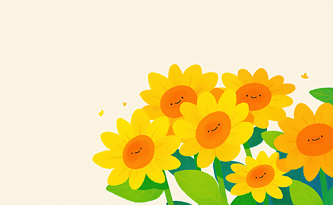 JPG 꽃 잎 일러스트 여름꽃 해바라기 미소 사람없음 노란색 국내일러스트 AI일러스트 AI콘텐츠 식물 컬러 표정 파일형식 여름_계절