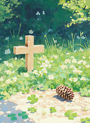 JPG 기독교 십자가 일러스트 그림자 사람없음 햇빛 평화 믿음 들꽃 천주교 풀 네잎클로버 솔방울 유화 국내일러스트 AI일러스트 AI콘텐츠 식물 꽃 감정 종교 컨셉 미술 태양 클로버 파일형식