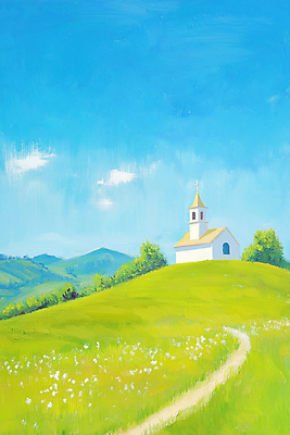 JPG 나무 구름 기독교 꽃밭 일러스트 하늘 산 잔디 사람없음 성당 교회 평화 믿음 천주교 언덕 언덕길 유화 국내일러스트 AI일러스트 AI콘텐츠 자연요소 식물 꽃 감정 종교 길 컨셉 종교건축 미술 건물 파일형식