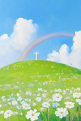 JPG 구름 기독교 십자가 무지개 꽃밭 일러스트 하늘 잔디 사람없음 평화 믿음 천주교 풀 언덕 유화 국내일러스트 AI일러스트 AI콘텐츠 자연요소 식물 꽃 감정 종교 컨셉 미술 파일형식