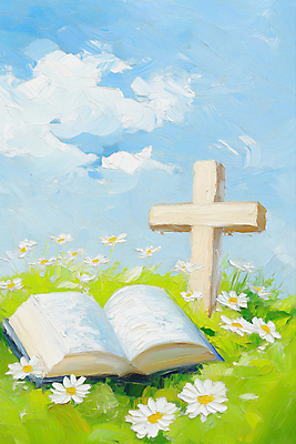 JPG 구름 기독교 십자가 꽃밭 일러스트 하늘 사람없음 평화 믿음 성경 펼침 천주교 풀 유화 국내일러스트 AI일러스트 AI콘텐츠 자연요소 식물 꽃 감정 종교 컨셉 종교용품 모션 미술 파일형식