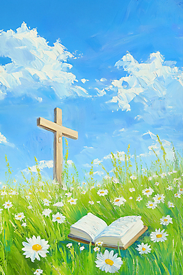 JPG 구름 기독교 십자가 꽃밭 일러스트 하늘 사람없음 평화 믿음 성경 펼침 천주교 풀 유화 국내일러스트 AI일러스트 AI콘텐츠 자연요소 식물 꽃 감정 종교 컨셉 종교용품 모션 미술 파일형식