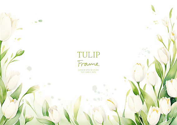 PSD 잎 일러스트 봄꽃 수채화 사람없음 연두색 튤립 흰색 꽃프레임 카피스페이스 국내일러스트 식물 꽃 컬러 프레임 초록색 봄 공백 파일형식