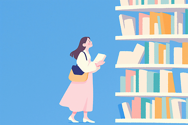 JPG 전신 여자 하늘색 가방 일러스트 책장 한명 미소 들기 성인 책 도서관 감성 성인여자한명만 국내일러스트 AI일러스트 AI콘텐츠 1 잡화 교육 가구 컨셉 모션 표정 사람 파란색 여자한명만 성인여자만 파일형식