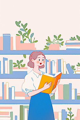 JPG 여자 잎 일러스트 책장 한명 미소 들기 성인 책 독서 도서관 감성 연분홍색 성인여자한명만 국내일러스트 AI일러스트 AI콘텐츠 식물 1 교육 분홍색 가구 컨셉 모션 표정 사람 여자한명만 성인여자만 파일형식