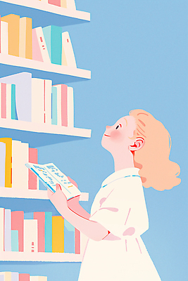 JPG 여자 하늘색 일러스트 책장 한명 미소 들기 상반신 성인 책 독서 도서관 감성 성인여자한명만 국내일러스트 AI일러스트 AI콘텐츠 1 교육 가구 컨셉 모션 표정 사람 파란색 여자한명만 성인여자만 파일형식