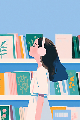 JPG 여자 하늘색 일러스트 책장 한명 상반신 성인 책 헤드폰 올려보기 도서관 감성 성인여자한명만 국내일러스트 AI일러스트 AI콘텐츠 1 교육 음향기기 가구 컨셉 모션 사람 파란색 여자한명만 성인여자만 파일형식